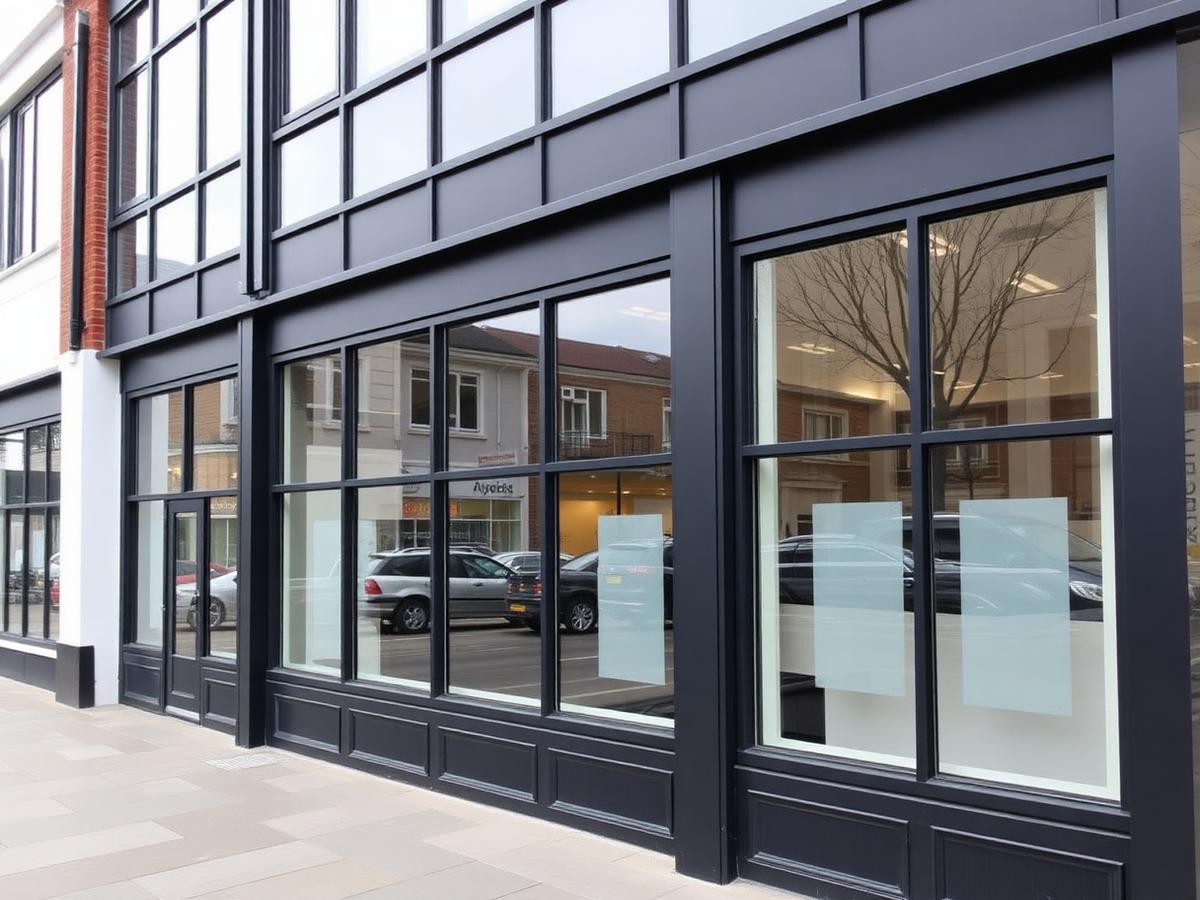 Commercial shopfront with dark sprayed frames and large glazing.