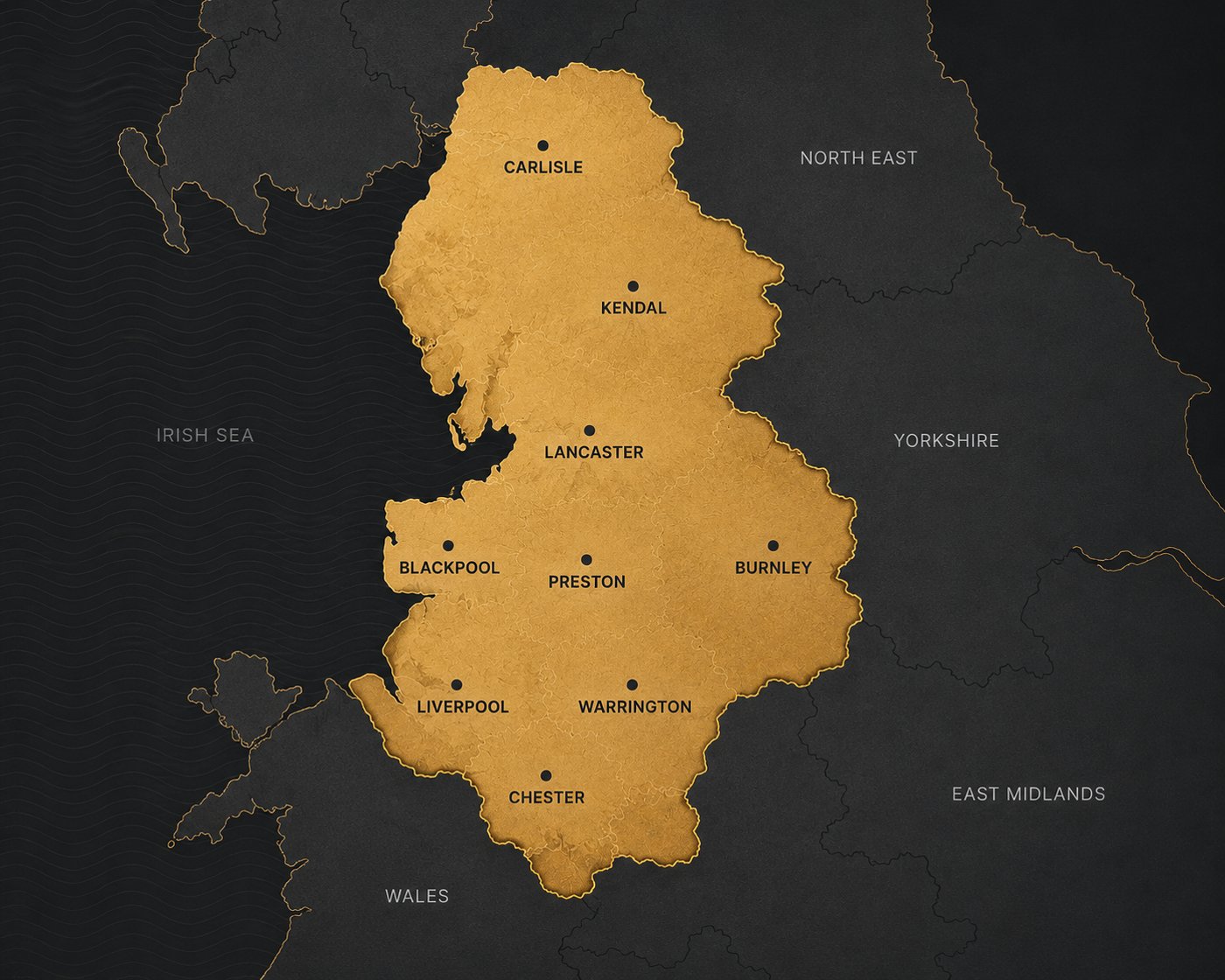 Illustrated map of the North West of England highlighting our service area, including Carlisle, Kendal, Lancaster, Blackpool, Preston, Burnley, Liverpool, Warrington and Chester.