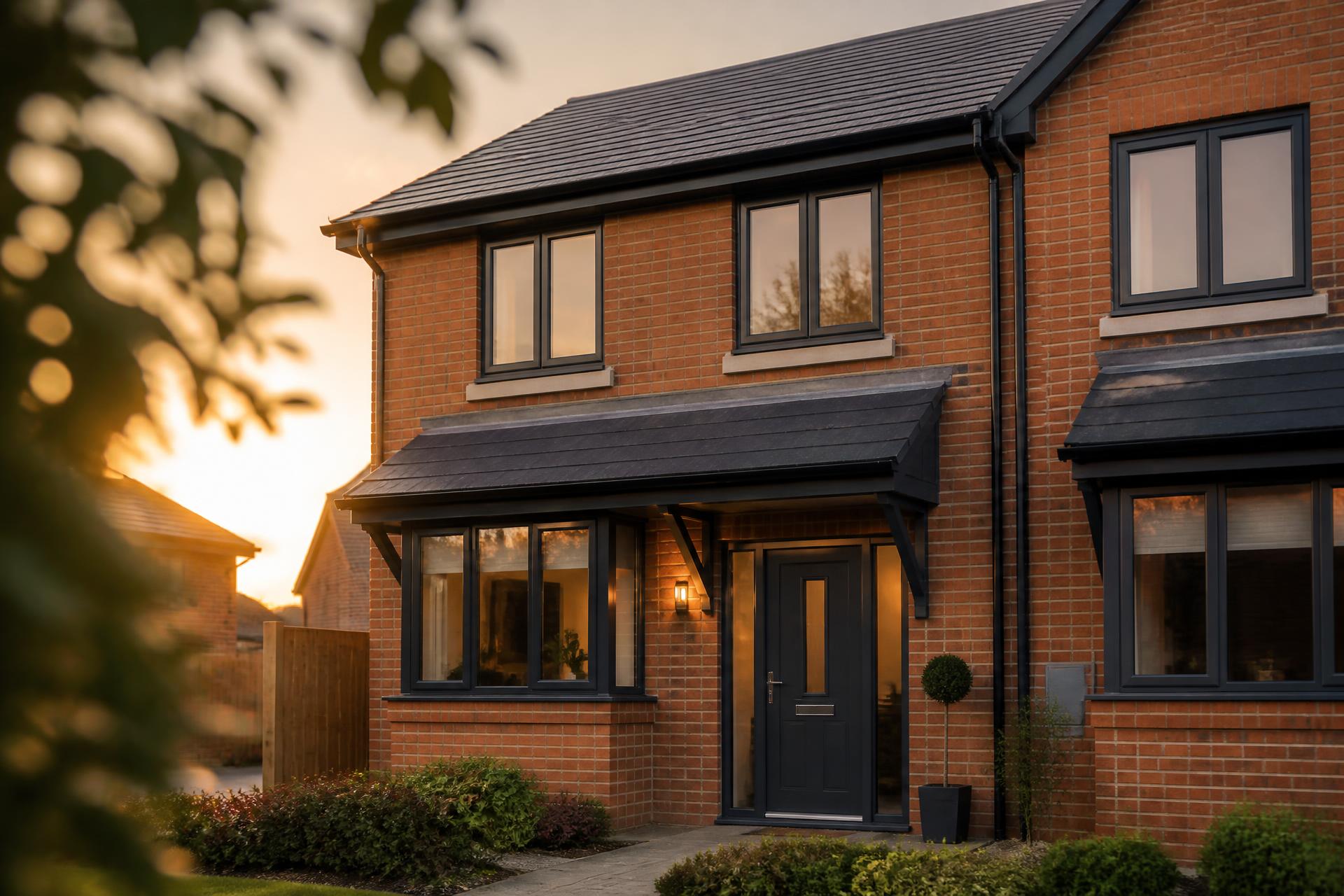 Modern North West home with anthracite grey sprayed uPVC windows and front door at golden hour