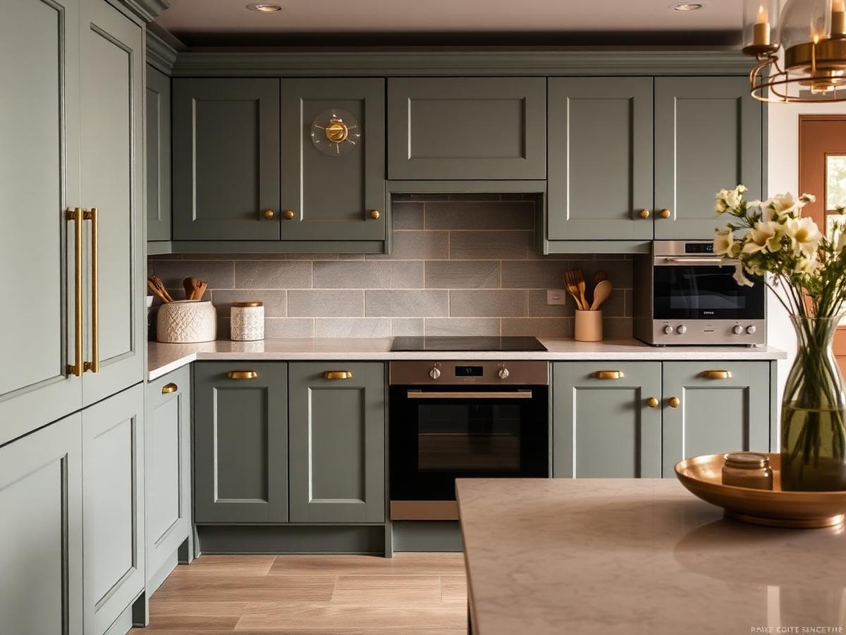 Kitchen units hand-sprayed in a soft sage grey with brass handles.